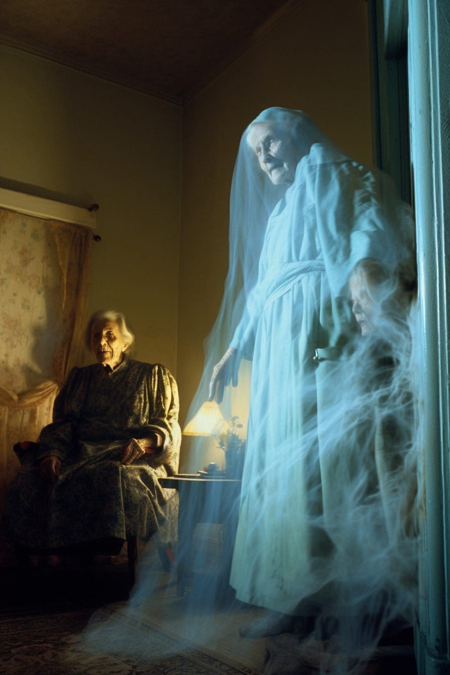 An elderly woman sits in a dimly lit room while a ghostly, translucent figure in a robe appears beside her, shrouded in mist and glowing blue light.