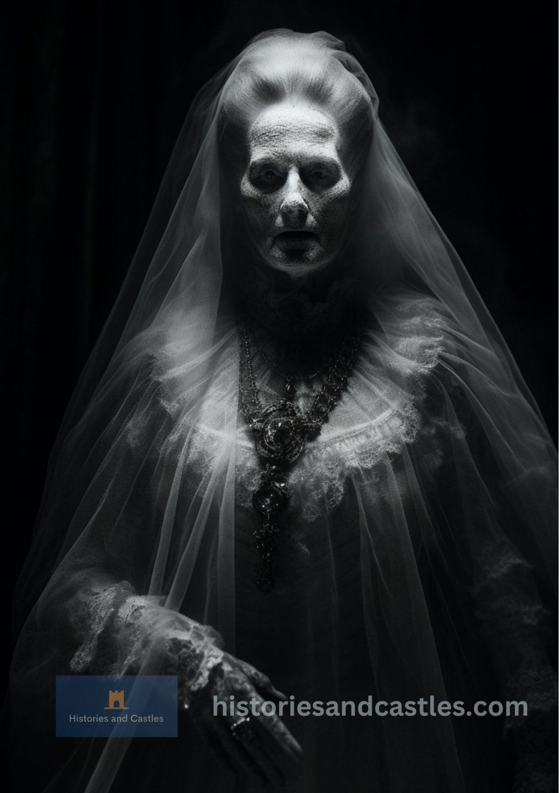 A ghostly figure in a white Victorian-style dress and veil, with pale, textured skin and haunting eyes, stands in the dark. The image has a gothic, eerie atmosphere. The text historiesandcastles.com appears at the bottom.