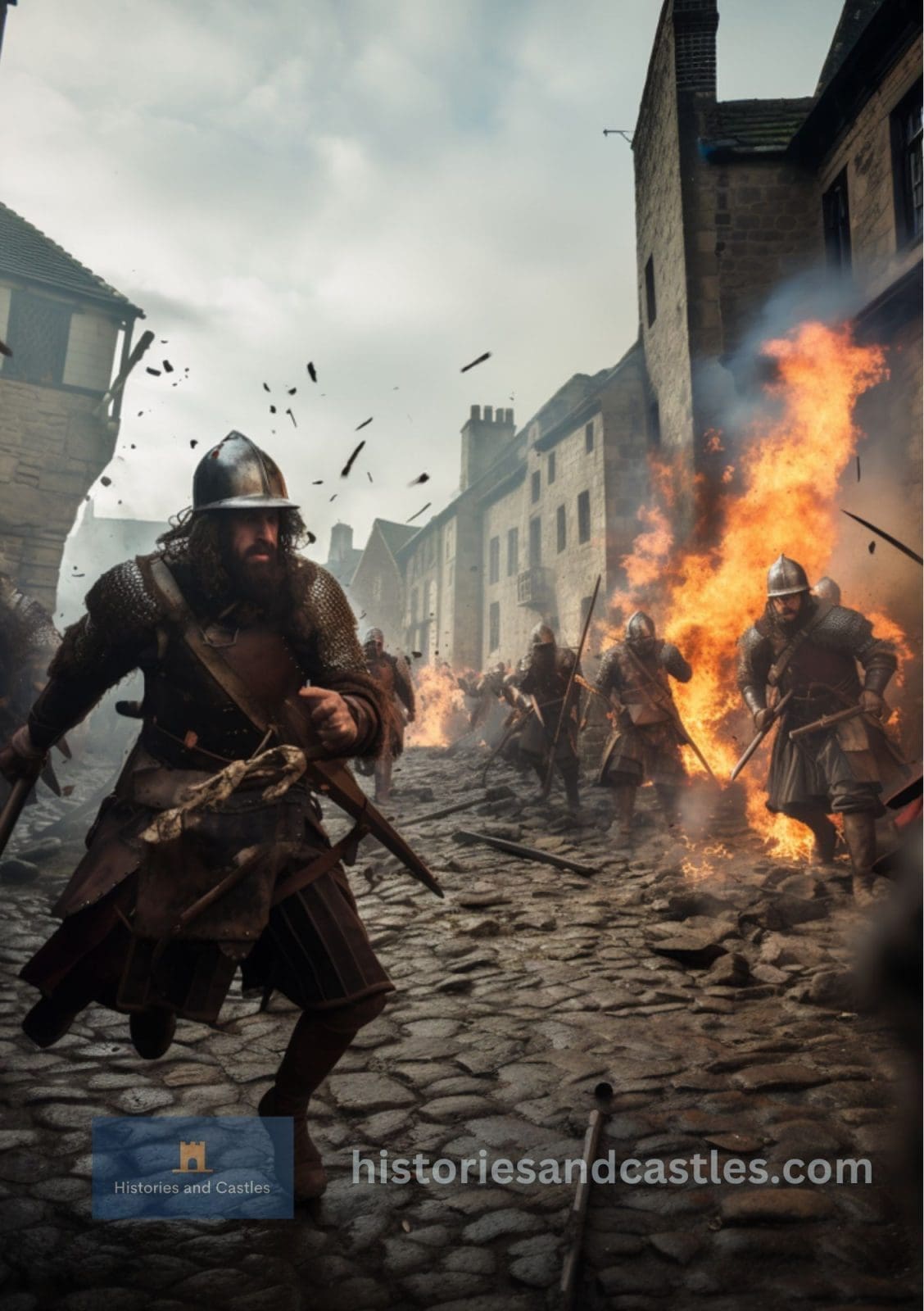 Soldiers ransaking a town