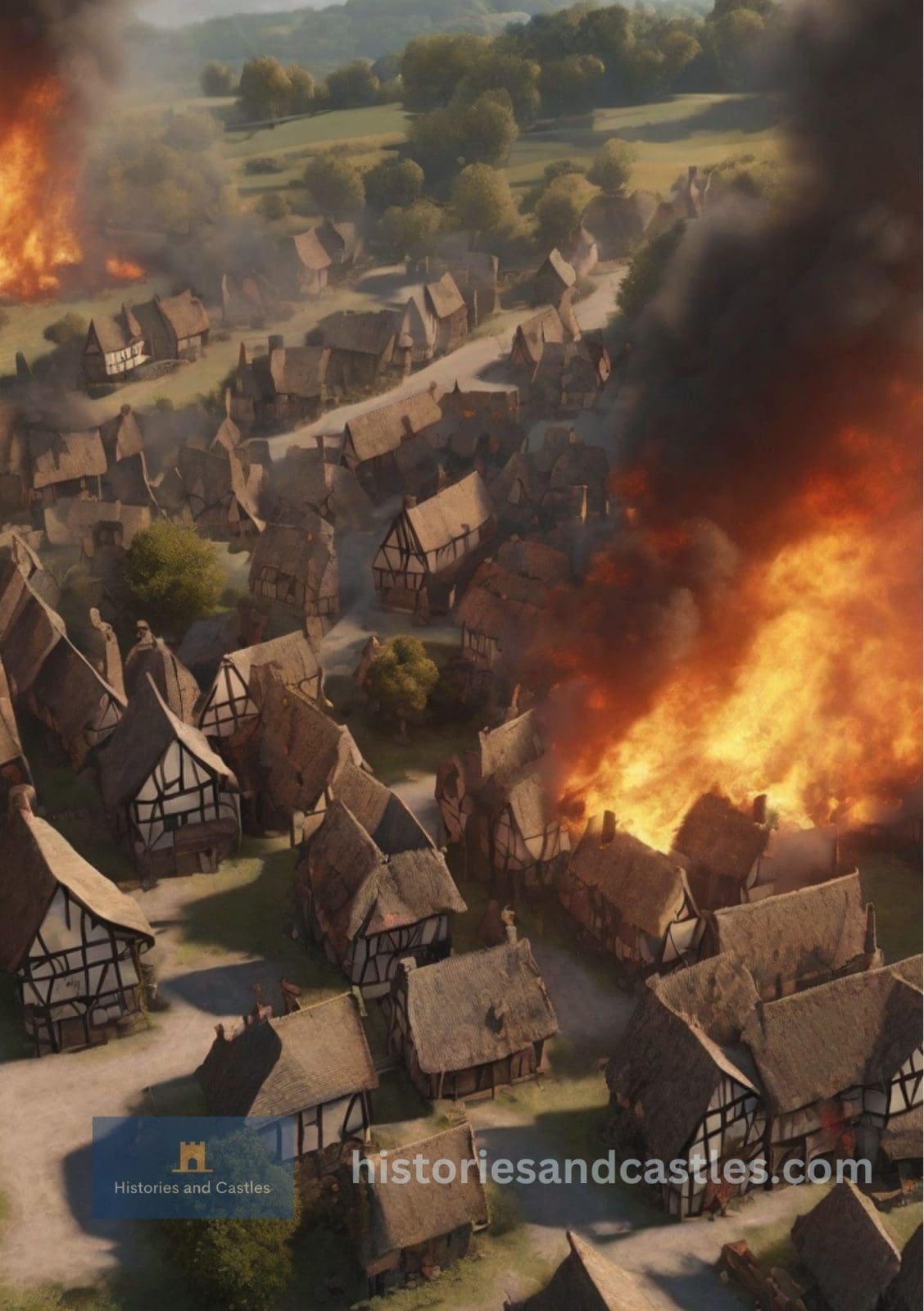 a medieval town on fire