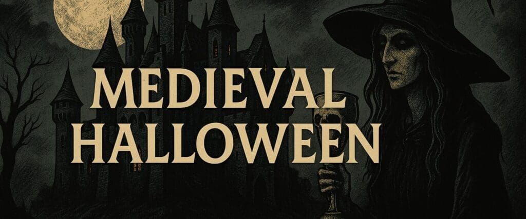 Medieval Halloween homepage banner with haunted gothic castle under a full moon, ghostly witch holding a skull goblet, and bold text ‘Medieval Halloween’.
