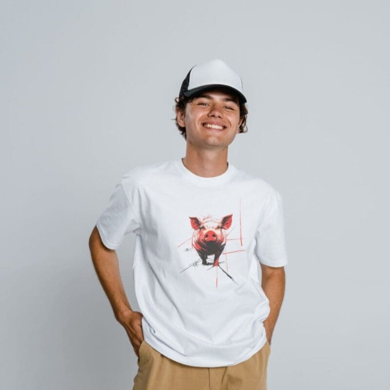 bold design features a fierce pig in vivid red and black tones, bursting out with an edgy, abstract style