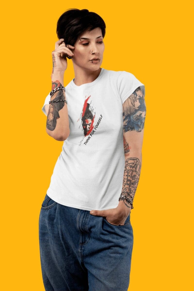 Featuring a bold graphic of a powerful face surrounded by dynamic red and black brushstrokes