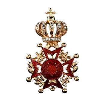 An ornate gold and red brooch with a jeweled crown, red enameled Maltese cross, and laurel wreath, designed in the style of the Red Crystal Crown Star Brooch – Royal-Inspired Vintage Jewellery.