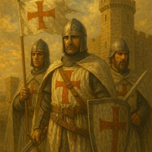 Three medieval Knights Templar in white tunics with red crosses stand before a stone castle. One holds a flag, another a sword, and the third a shield, each adorned with the iconic red cross emblem.