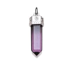 The Cosmic Talisman Pendant – Hexagon Imitation Amethyst features a pointed, faceted faux amethyst crystal in a silver cap with a loop for attaching to your favorite chain.