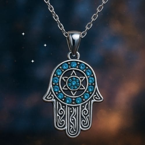 A silver Hamsa hand pendant necklace with intricate patterns, turquoise blue gemstones, and a central star design—symbolizing the Meaning Behind the Hand of Fatima—is shown against a blurred, dark background with small white stars.