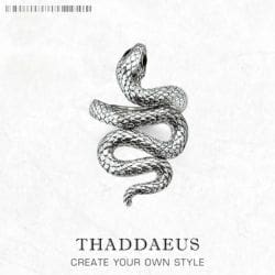 A detailed illustration of a coiled Snake Ring with visible scales is displayed on a white background. Below the image, the text reads: THADDAEUS CREATE YOUR OWN STYLE.