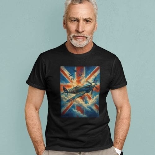 A gray-haired, bearded man wears a black Spitfire T-Shirt | Battle of Britain Union Jack TeeShirt with a fighter plane flying before a large Union Jack flag set against cloudy skies.