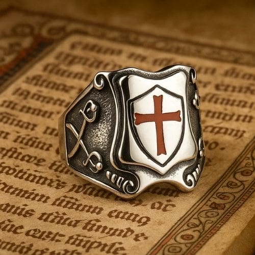 A silver Knights Templar Cross Ring with ornate designs, featuring a shield with a red cross and crossed swords, rests on an aged, decorated manuscript page adorned in Gothic script.