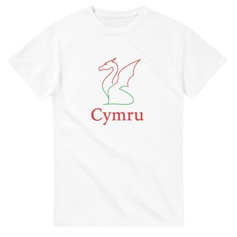 Heavyweight Unisex Crewneck T-shirt | Gildan® 5000 with a red and green dragon outline and Cymru printed below it.