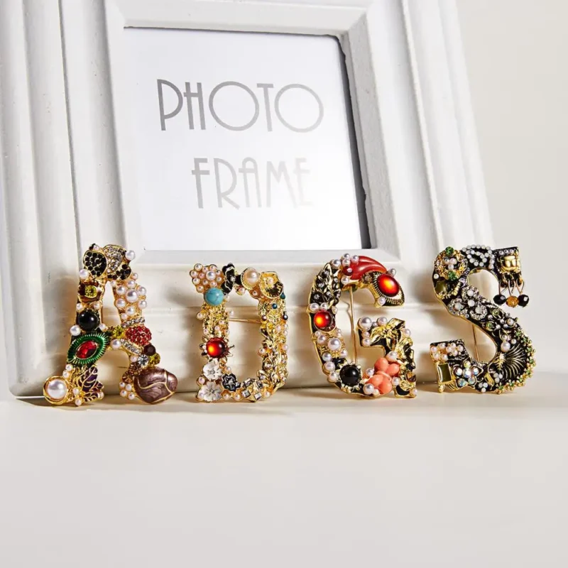 Letter Brooches for Women- Rhinestone Pearl Enamel Flowers