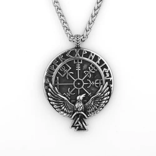 The Viking Rune Crow Pendant Chain Necklace features Viking runes, a central Vegvisir symbol, and an eagle with outstretched wings above a Valknut—a striking Norse design.