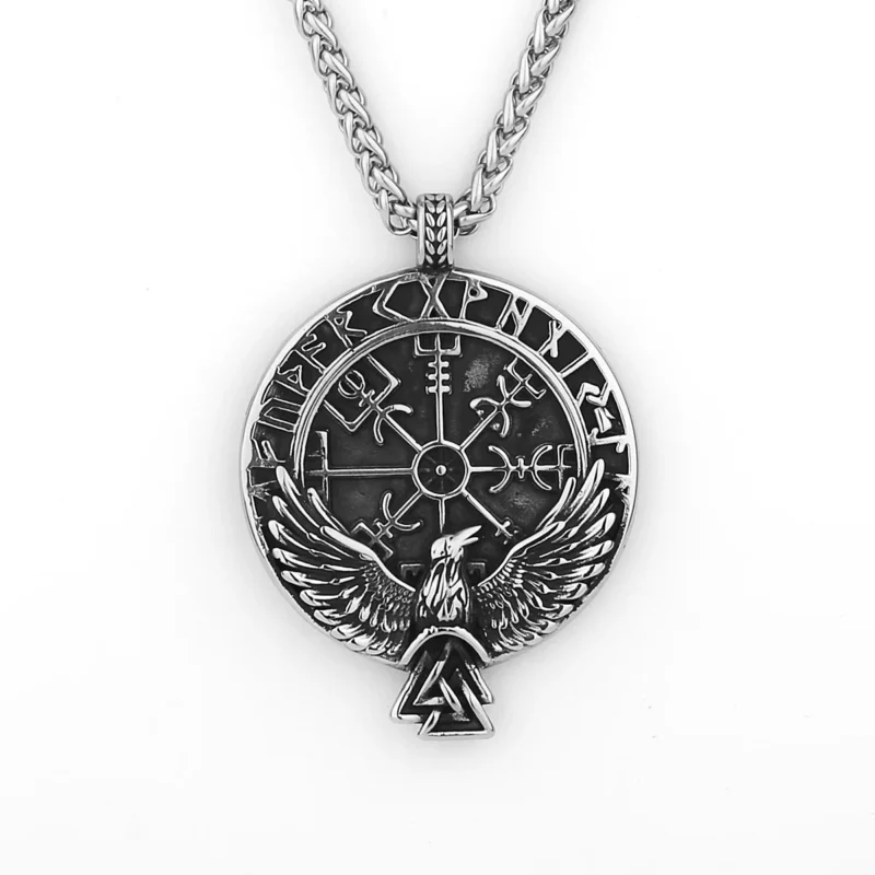 The Viking Rune Crow Pendant Chain Necklace features Viking runes, a central Vegvisir symbol, and an eagle with outstretched wings above a Valknut—a striking Norse design.