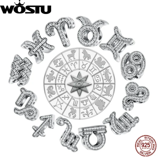 Twelve WOSTU Original Constellation Beads—925 Sterling Silver zodiac charms with sparkling zircon—form a circle around a zodiac wheel, while the WOSTU logo and Real 925 Sterling Silver seal highlight their premium quality.