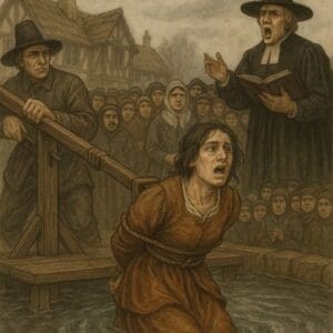 Historical painting of a witch trial scene, showing a woman tied to a ducking stool being dunked into water, surrounded by a stern official reading from a book and a crowd of villagers, with timber-framed houses in the background under a cloudy sky.