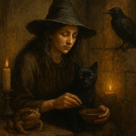 A solemn witch in a dark robe and wide-brimmed hat sits against a stone wall in soft candlelight. Around her are a black cat with bright eyes, a large toad, two ravens perched nearby, and a small brown mouse at her side. The scene feels mystical and medieval, rendered in warm earthy tones.