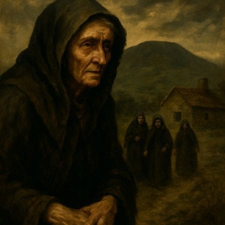 An elderly woman in a dark, tattered cloak stands in a windswept landscape beneath a stormy sky, looking solemn and wary, while three hooded women approach along a path, with Pendle Hill rising in the misty background and a small stone cottage nearby.