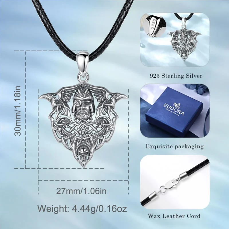 The Eudora 925 Sterling Silver Viking Raven Wolf Necklace for Men showcases a detailed Nordic Odin warrior skull pendant with Norse symbols and ravens, hanging on a black cord—an ideal personality jewelry gift.