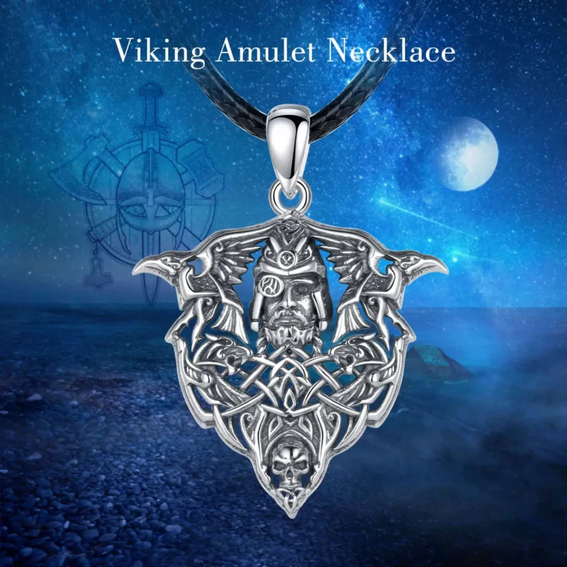 The Eudora 925 Sterling Silver Viking Raven Wolf Necklace for Men showcases a detailed Nordic Odin warrior skull pendant with Norse symbols and ravens, hanging on a black cord—an ideal personality jewelry gift.