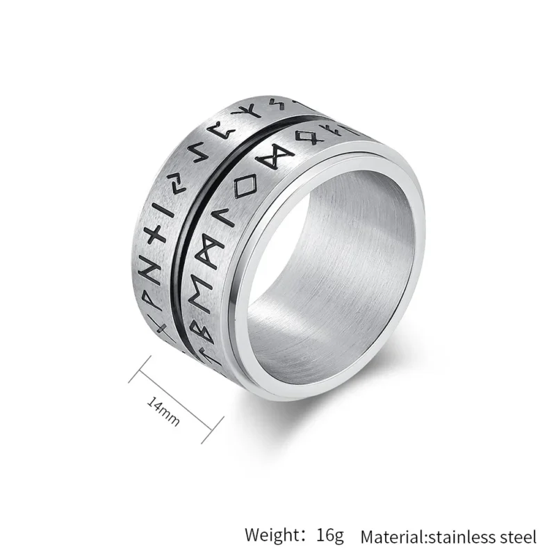 The Nordic Viking Rune Spinner Ring is a wide, silver-colored ring with a worn, textured finish and two rows of engraved runic symbols around its exterior.