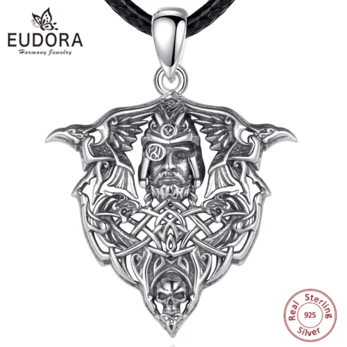 The Eudora 925 Sterling Silver Viking Raven Wolf Necklace for Men showcases a detailed Nordic Odin warrior skull pendant with Norse symbols and ravens, hanging on a black cord—an ideal personality jewelry gift.