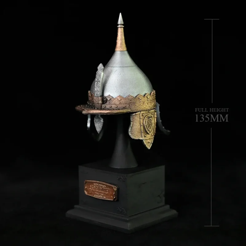 The Miniature Ancient Arabian Warrior Helmet features a pointed top and gold accents, displayed on a black pedestal with its full height marked as 135mm against a black background.