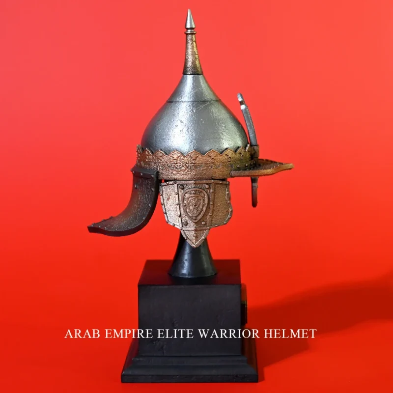 The Miniature Ancient Arabian Warrior Helmet features a pointed top and gold accents, displayed on a black pedestal with its full height marked as 135mm