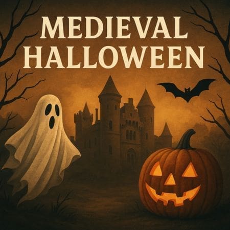 A Hallowe’en scene with a ghost, a carved jack-o’-lantern, a bat, and a spooky castle inspired by haunted castles in the UK in the background. The words Medieval Hallowe’en appear at the top in bold letters.