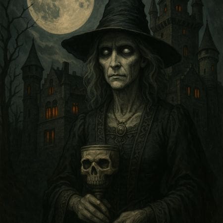 Gothic illustration of a haunted medieval castle under a full moon, with a ghostly witch holding a skull goblet in the foreground.