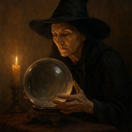 An elderly woman in a black witch hat gazes intently into a glowing crystal ball, embodying the mystique of crystal balls and witches, illuminated by the warm light of a single candle on a table beside her in a dimly lit room.