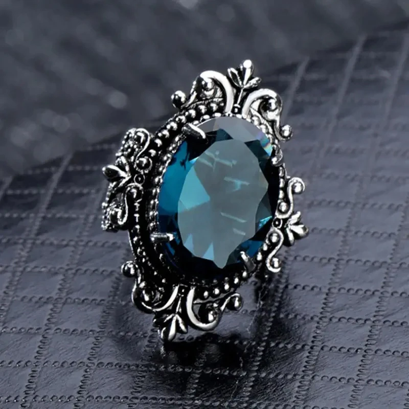 Vintage Women Rings with Oval Blue CZ Stone