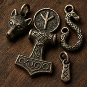 Five bronze Viking-style pendants on a wooden surface, including a wolf head, Thor’s hammer, a circular rune, a serpent, and a small rectangular tag with runic symbols—classic Viking amulets believed to offer protection and echo Norse mythology.