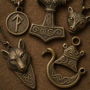 Five bronze Viking-style pendants on a textured brown surface, including Thor’s hammer, a wolf head, a fox head, runes, and a dragon ship—each piece of Viking jewellery adorned with intricate patterns inspired by ancient beliefs.