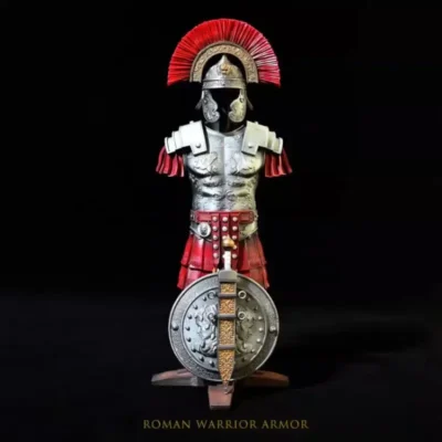 Ancient Roman warrior armour 210mm home decoration model with helmet, red plume, shield and sword displayed on table
