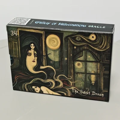 A box labelled “52 Enigmatic Cards 10.5*7.5cm Felix Nacht's Gallery of Hallucinations Oracle Deck” features surreal art with haunting faces, swirling hair, moons, and eerie windows in dark, dreamlike tones.