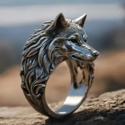 The Lone Wolf Guardian Ring – Bold Wolf Head Statement Ring showcases a detailed silver wolf head with flowing fur, set on a textured rock, all against a blurred natural backdrop.