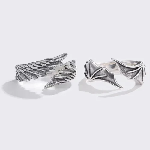 Celestial Duel Angel & Demon Wing Rings | Gothic Adjustable Set