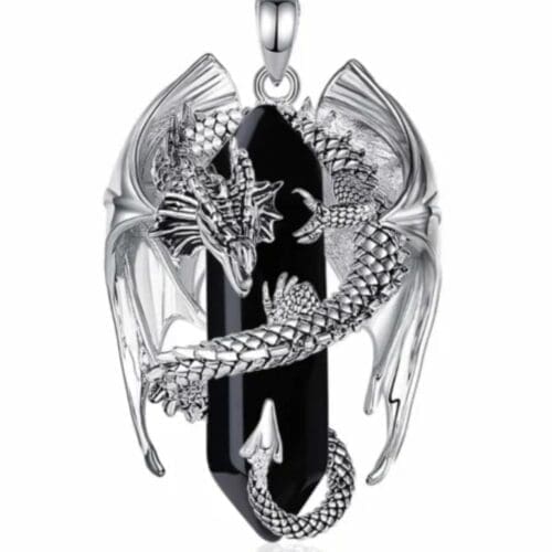 the Dragon Wrapped Obsidian Pendant. Silver-plated dragon coils around natural obsidian