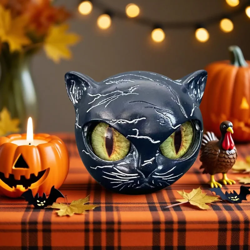 Black Cat Stone Sculpture – Amber Eye Figurine - Image 5