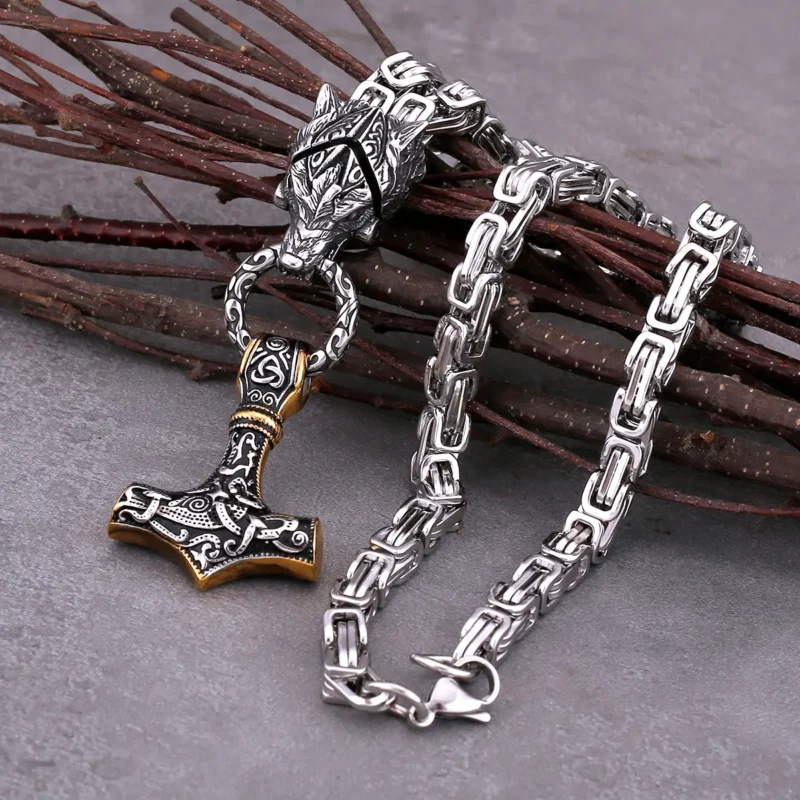 Stainless Steel Wolf Head Viking Necklace – Thor’s Hammer Pendant - Image 5