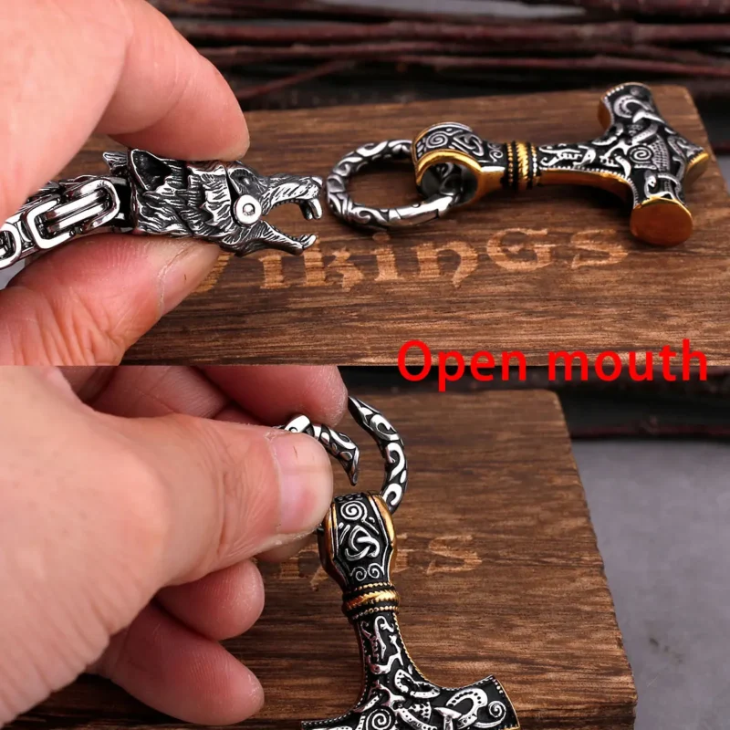 Stainless Steel Wolf Head Viking Necklace – Thor’s Hammer Pendant - Image 6