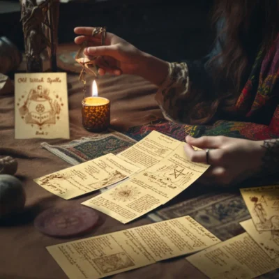 A person sits at a wooden table with the Old Witch Spells Collection – 49 Printed Spells, a lit candle, and mystical objects, creating a magical witchcraft-themed atmosphere.