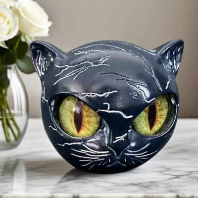 Black Cat Stone Sculpture – Amber Eye Figurine