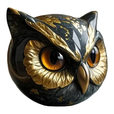 Owl Stone Sculpture – Resin Marble Owl Figurine with Amber Eyes