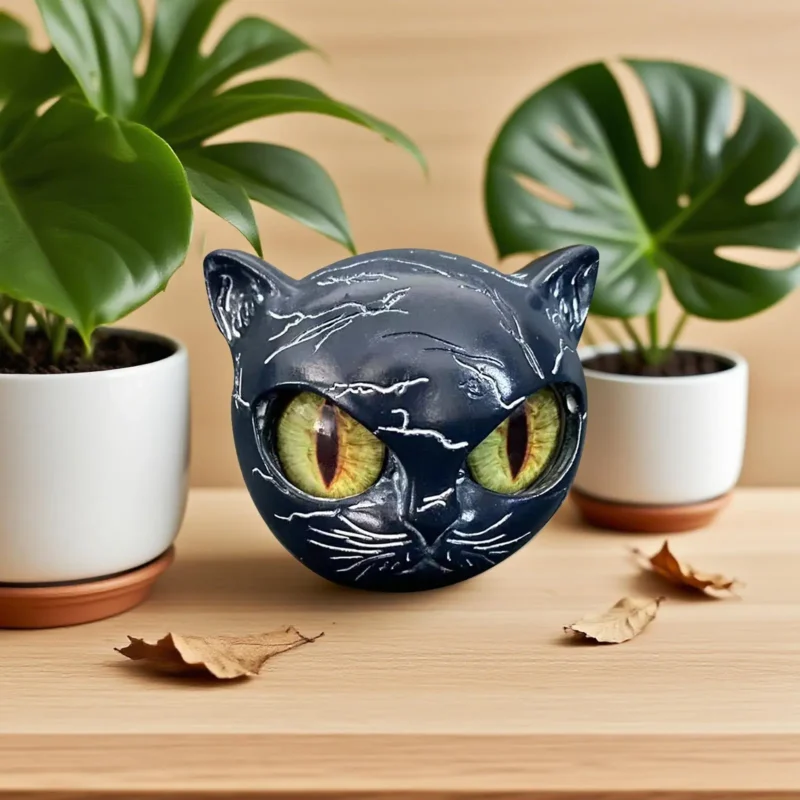 Black Cat Stone Sculpture – Amber Eye Figurine - Image 4