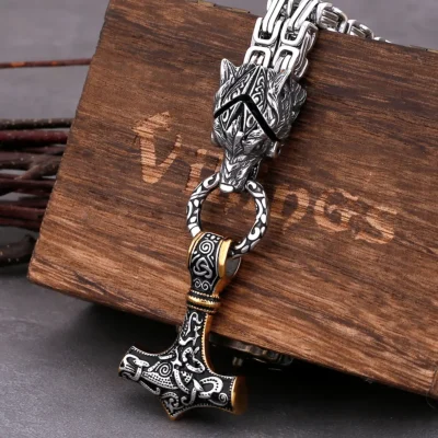 Stainless Steel Wolf Head Viking Necklace – Thor’s Hammer Pendant