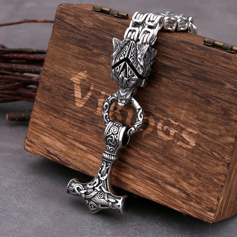 Stainless Steel Wolf Head Viking Necklace – Thor’s Hammer Pendant - Image 2