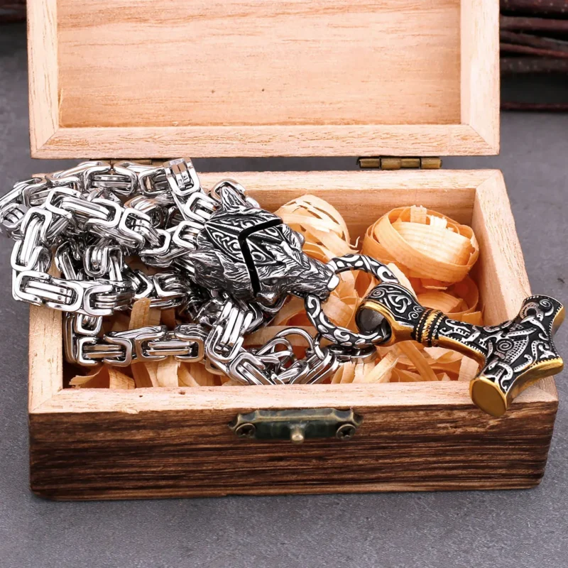 Stainless Steel Wolf Head Viking Necklace – Thor’s Hammer Pendant - Image 3