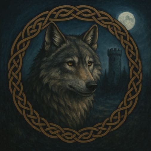 Medieval wolf symbolism in knotwork design with gothic tower and moon.